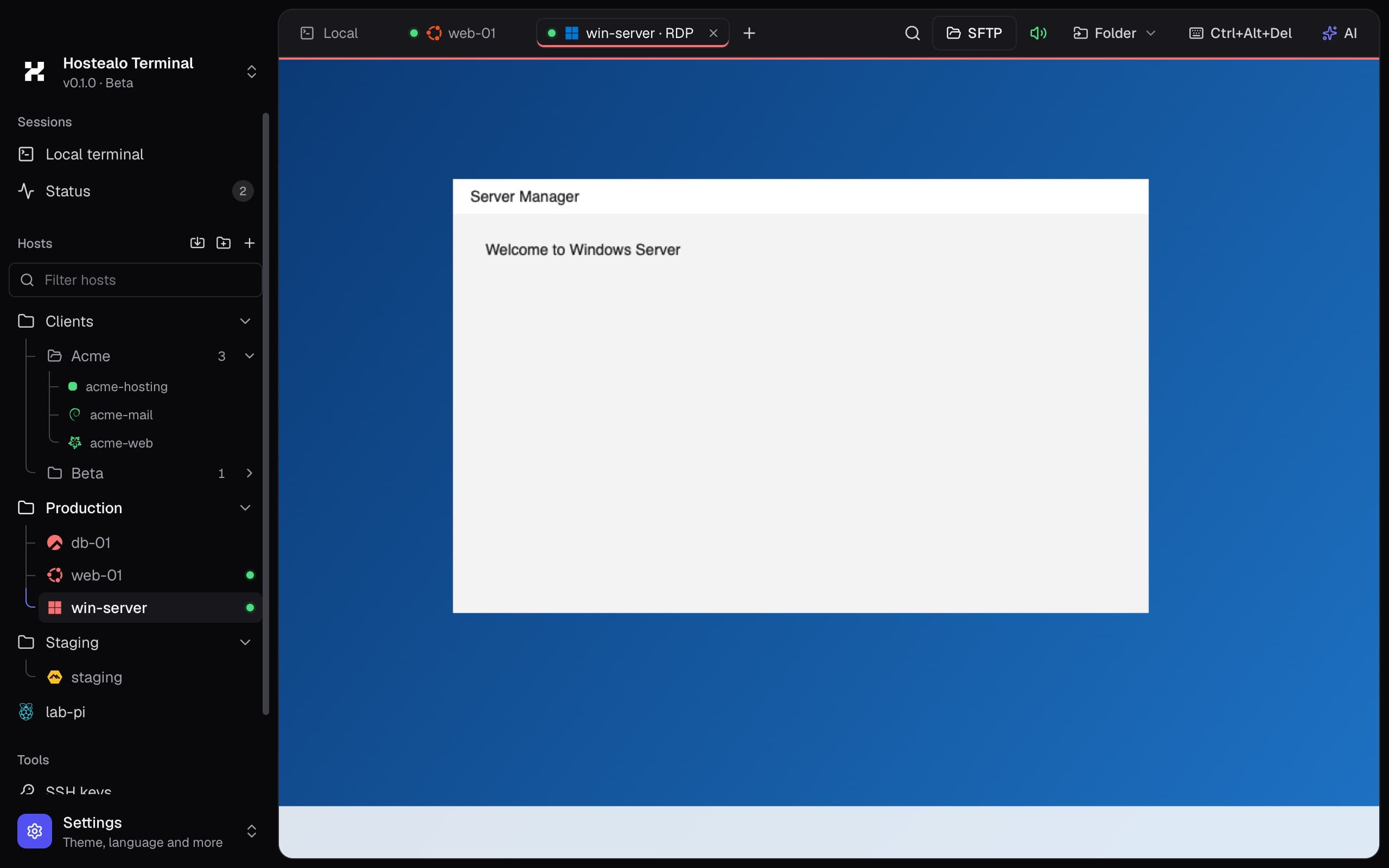 Full-window remote desktop session, with the sound indicator, the shared folder and SFTP in the bar