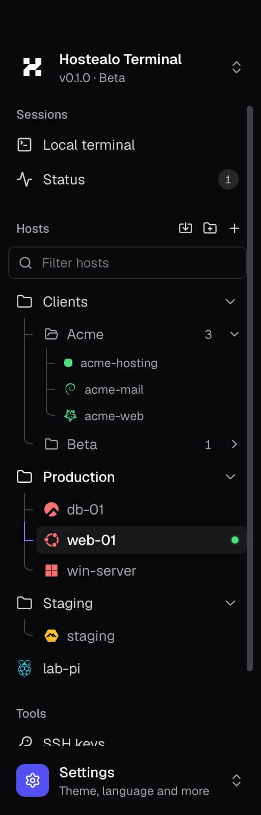 Sidebar with the servers in folders, each with its operating system's logo
