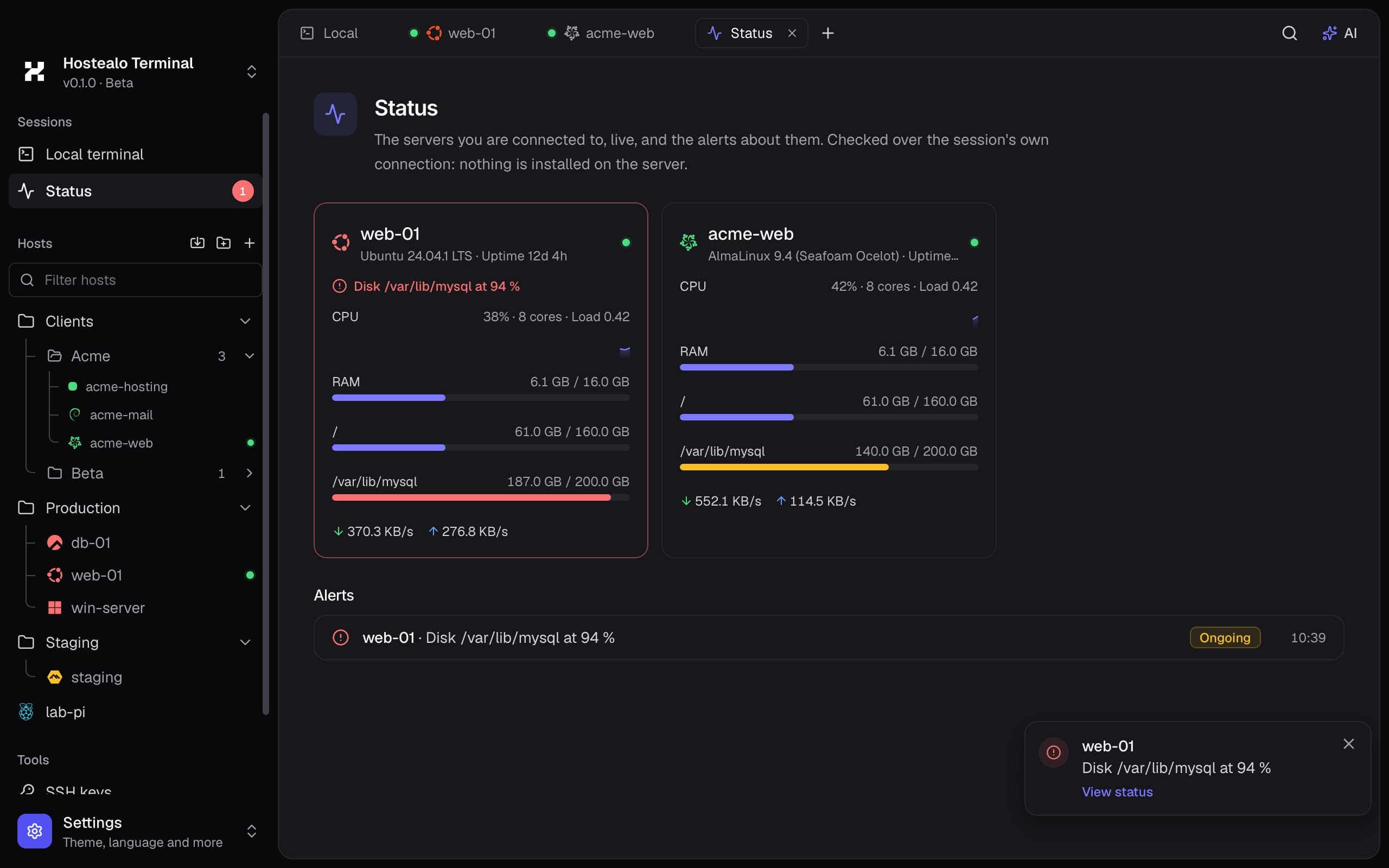 The Status tab with two servers live and an alert: the /var/lib/mysql disk of web-01 at 94%